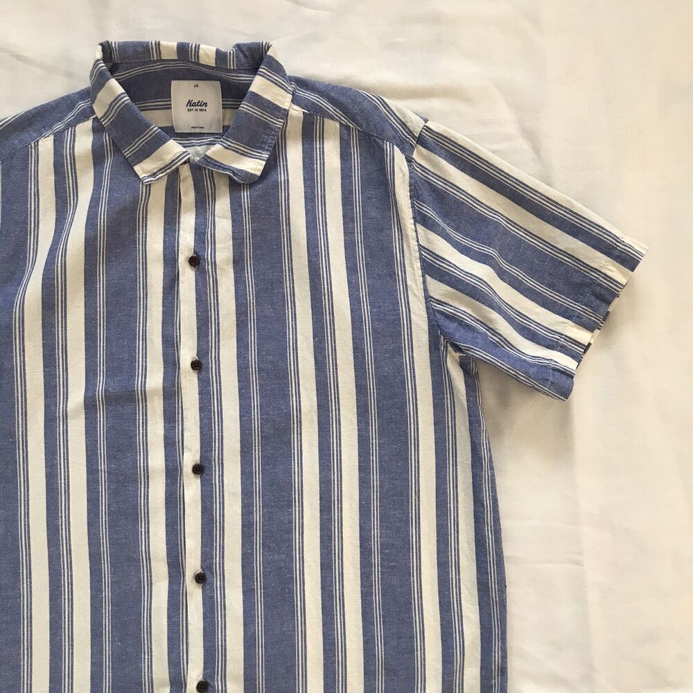 Katin Blue Cotton Linen Striped Denim Short Sleeve Shirt Mens Size Large - Picture 3 of 8